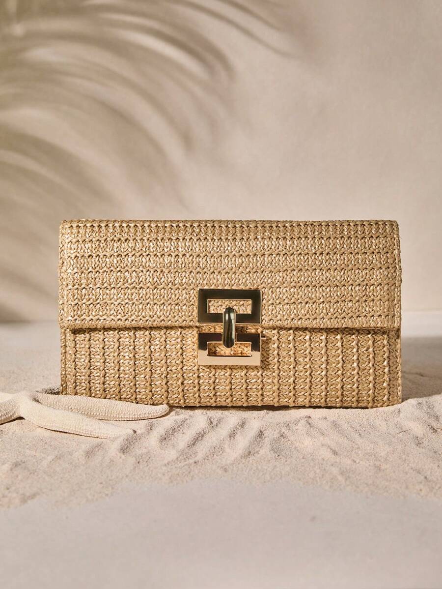 Tropiscape Multi-Layer Twist-Lock Flap Clutch Gold Bag Woven Handbag, Perfect For Vacation Beach Autumn Christmas Christmas Winter Christmas Gifts