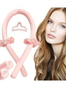 4pcs/Set Heatless Curling Rod Headband, Heatless Hair Curler No Heat Hair Curlers To Sleep In Curl Ribbon With Scrunchies Hair Clips Overnight Hair Curlers Hair Roller For Women Long Hair Styling Tools (Pink)