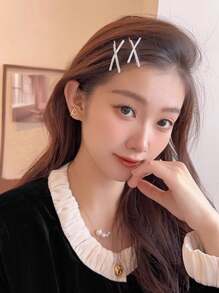 2pcs Silver Color Rhinestone X-Shape Hair Clip, Minimalist Design Hair Accessory, Suitable For Bangs & Flyaway Hair