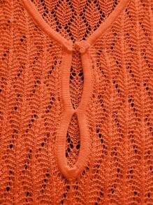 Women's Summer Vacation V-Neck Sheer Mesh Hollow Out Knot Button Crochet Long Sleeve Cover Up Sexy Solid Color Bodycon Mini Knit Beach Bikini Dress, Spring Fall