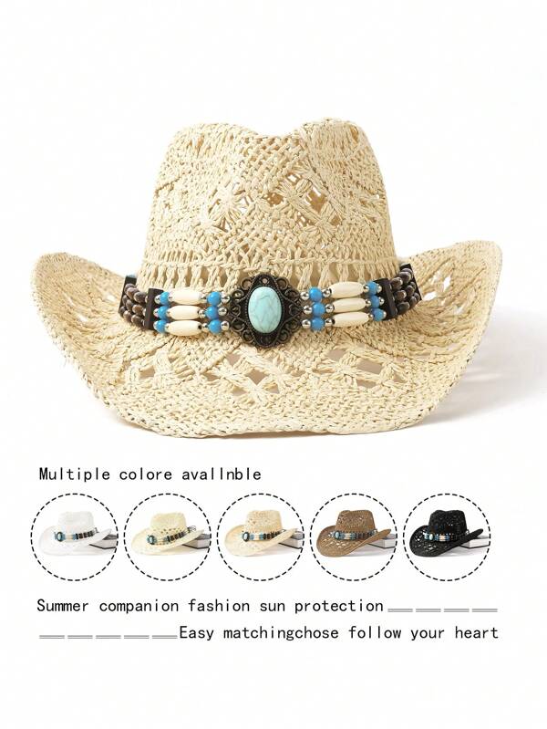 1pc Zirconia Chain Decor Breathable Hollow Out Cowboy Hat, Unisex Fashion Personalized Summer Sun Hat, Suitable For Beach, Vacation, Daily Wear