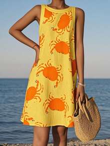 女装春秋时尚优雅性感无袖黄色随机蟹纹连衣裙