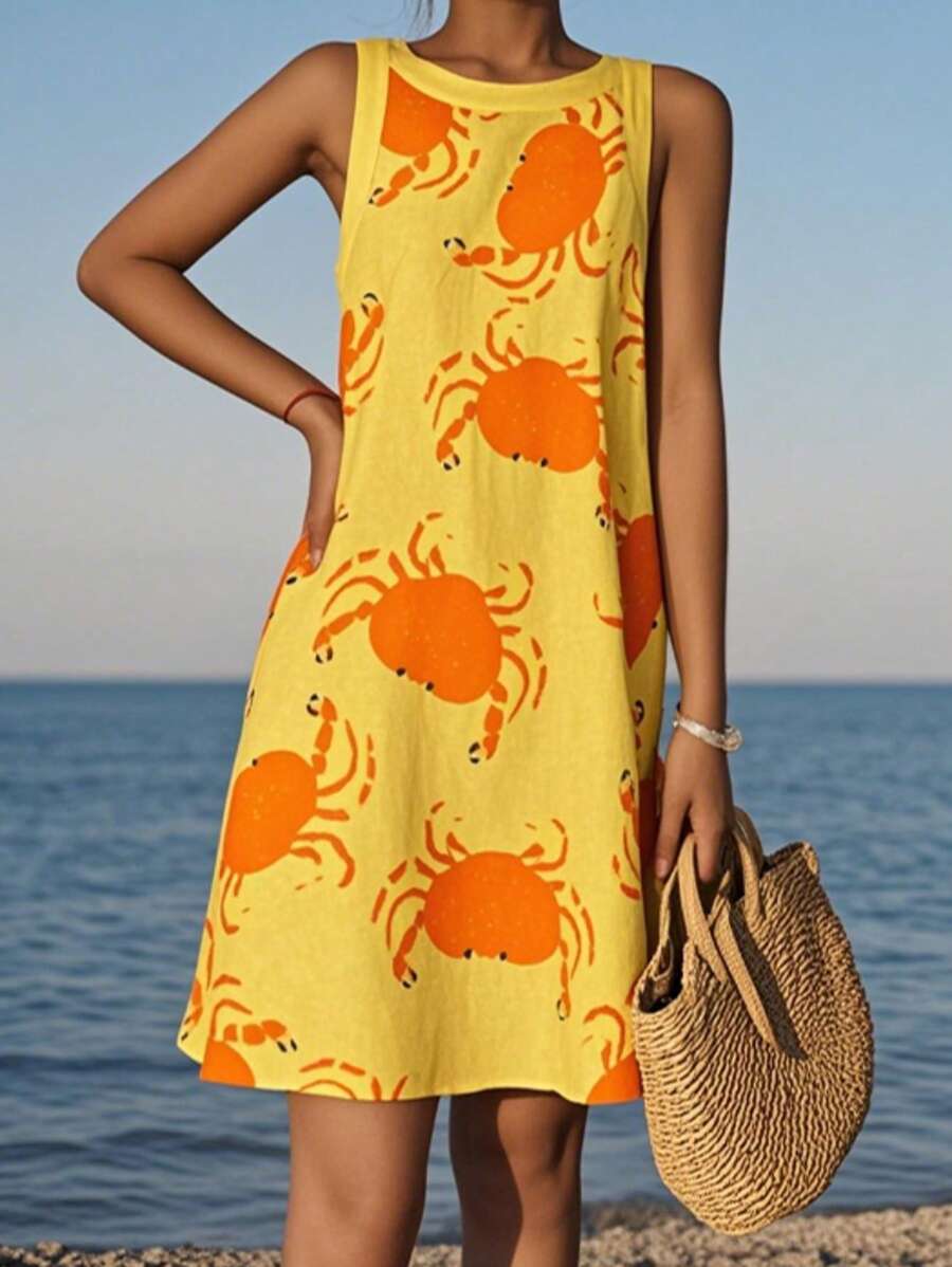 女装春秋时尚优雅性感无袖黄色随机蟹纹连衣裙