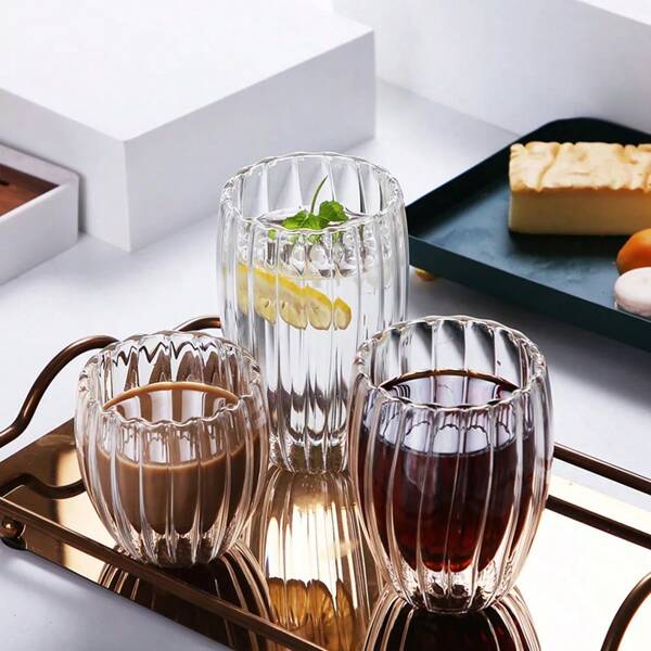 1pc Creative Egg-Shaped Striped Double-Layer Glass Cup, Transparent Milk Cup, Thickened Heatproof Insulated Coffee Cup, High Borosilicate Glass Simple Gift Cup