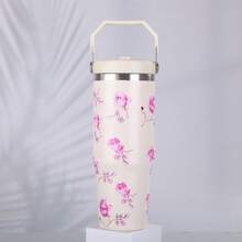 1pc Floral Stainless Steel Vacuum Insulated Travel Mug, Large Capacity Outdoor Cup