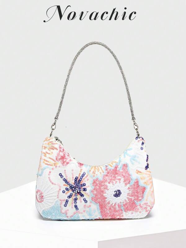 1pc Flower Sequin & Bead Decor Vacation Style Sequins Wristband, Women Zipper Crossbody Bag, Suitable For Holiday Use - Novachic, Sparkling Sequin Bags Ladies Elegant
