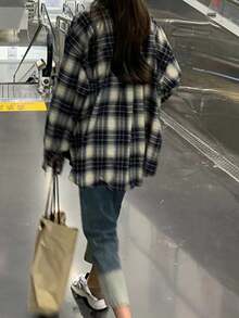 Plus Size Women Plaid Collared Button Down Shirt, Casual Loose Fit College Style, Versatile For Daily Wear And Commuting, Spring & Autumn