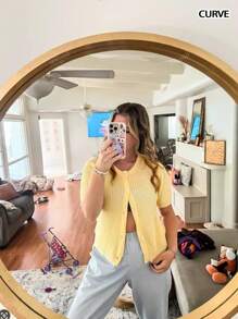 Spring And Summer Thin Fashion Casual Vacation Hundred Cream Crew Neck Short Sleeve Cardigan Sweater, Spring And Autumn Style Brunch Outfits For Women