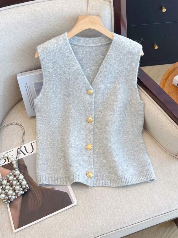 1pc Women's Solid Color Cardigan, Button-Up V-Neck Sweater Vest, Soft & Refined, Versatile Gray Knit Waistcoat