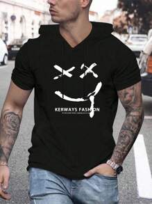 Sommer Neu Herren Kapuzen-T-Shirt mit Kordelzug, Kurzarm, Gesichts- und Monogramm-Muster, reguläre Größe, Große Größen, Lässiger Sportlicher Fitness Laufen Reisen Urlaub Outdoor Camping Herrenshirt