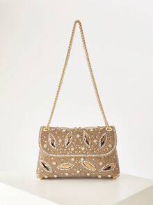 Glamorous, Elegant, Exquisite, Quiet Luxury Sequin, Stylish, Shiny Glitter Faux Pearl Decor Chain Box Bag, Gift Bag,Perfect Bride Purse For Wedding, Prom & Party Events Evening Bag, Dinner Bag For Party Girl, Woman - Gold - View 2