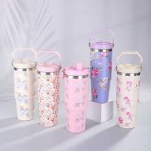 1pc Floral Stainless Steel Vacuum Insulated Travel Mug, Large Capacity Outdoor Cup