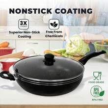 Non Stick Wok With Long Handle Deep Frying Pan With Lid & Induction Base, Pressed Aluminum Stir Fry Pan With Flat Bottom & Soft Touch Handle - 32cm - View 3