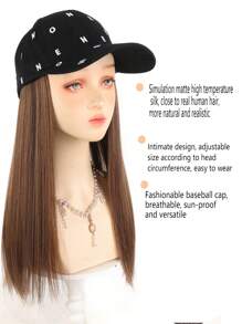 16 英寸长直发合成假发棒球帽接发帽假发黑棕色可调节女士假发