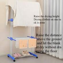 Movable Rolling Clothing Drying Rack, Adjustable Multi-Tier Laundry Air Dryer Rack, Space Saving Foldable Garment Stand For Towels, Socks, Pants, Shirts - Blue and White - View 6