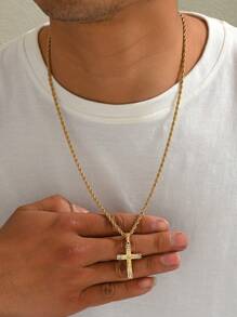 1 pieza de collar de hombre estilo vintage de acero inoxidable chapado en oro de 18k con colgante precioso de Jesucristo crucificado con circonita, collar de acero inoxidable chapado en oro estilo hip-hop europeo y americano con cruz dorada