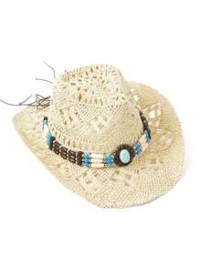 1pc Zirconia Chain Decor Breathable Hollow Out Cowboy Hat, Unisex Fashion Personalized Summer Sun Hat, Suitable For Beach, Vacation, Daily Wear