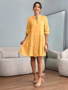 Short Dress With 3/4 Sleeves And Buttons In Linen - Plain Light Orange - View 2
