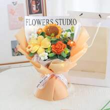1pc Handmade Eternal Knitted Flower Bouquet, Knitted Tulips & Roses Therapeutic Preserved Flower Birthday/Graduation Gift