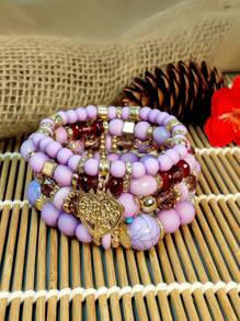 4pcs/Set Boho Style Multi-Layer Mixed Crystal & Heart Charm Bracelets For Women