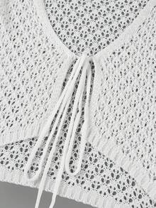 Sexy Knit White Cut Out 2 Pcs Set 2025 Women's Summer Bell Sleeve Lace-Up Loose Top Beach Vacation Half Skirt Two Pieces - White - View 8