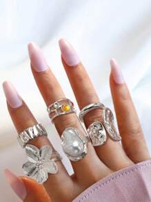 6 Stück/Set Punk Ringe Set für Frauen, vintage geometrisches Ringe Set, modischer personalisierter Schmuck, passend zu täglichen Outfits, Party-Accessoires