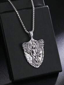 1pc Men's Stainless Steel Vintage Style Saint Michael Sword Shield Pendant Necklace, European & American Titanium Steel Angel Necklace Jewelry, Suitable For Daily Wear