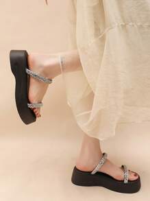 Women's Thick Sole Wedge Platform Sandals, Rhinestone Decorated For Beach, Vacation, Party, White Color