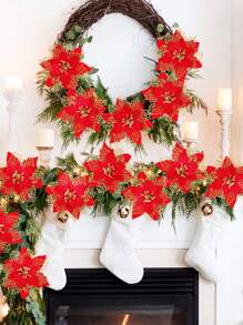 Set de 10 piezas de adornos navideños de flores de Nochebuena con brillo - Flores de Nochebuena artificiales con pinzas y tallos, para decorar coronas navideñas, decoración festiva de Navidad y Año Nuevo