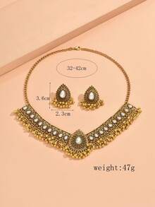 1pc Peacock Wing Crystal Teardrop Necklace And 1 Pair Vintage Drop Pearl Earrings, Exaggerated Women Jewelry Set - Bronze - View 7