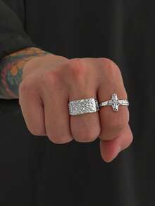2 Pcs/Set, Fashionable Casual Minimalist Cross Hammer Textured Rings With Inlaid Cubic Zirconia, Men Unique Jewelry, Holiday Gift - 2pcs - View 2