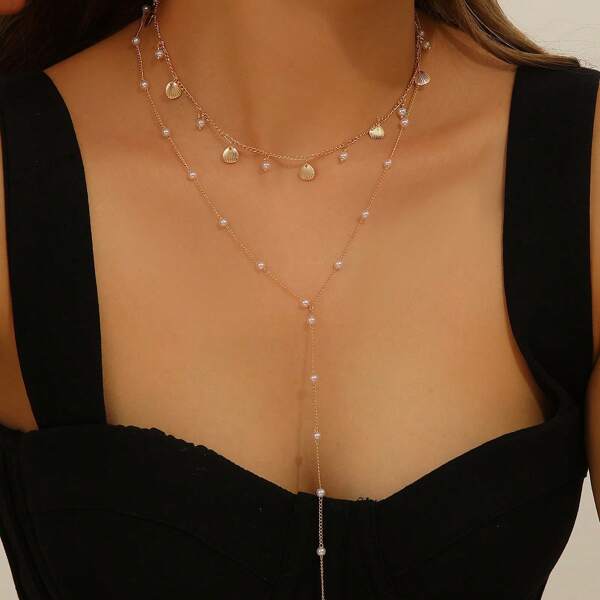 1pc Fashion Minimalist Golden Metal Shell Design & Faux Pearl Multilayer Y-Shape Necklace, Suitable For Parties, Festivals, Gift, All Season Outfit Accessory