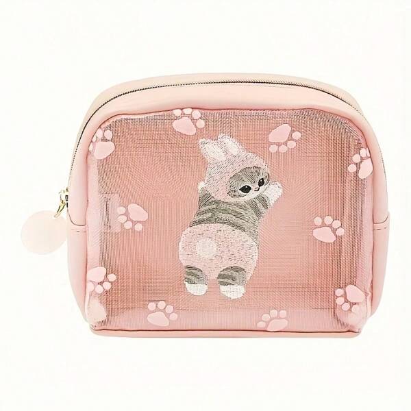Actual Product Japanese Shark Cat New Cute Embroidered Flower Square Mesh Makeup Bag Cute Paw Print Cosmetic Wash Bag