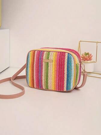女士条纹拉链草编包，简约度假沙滩单肩斜挎女包，流行彩虹系列小方包，编织包女可调节肩带