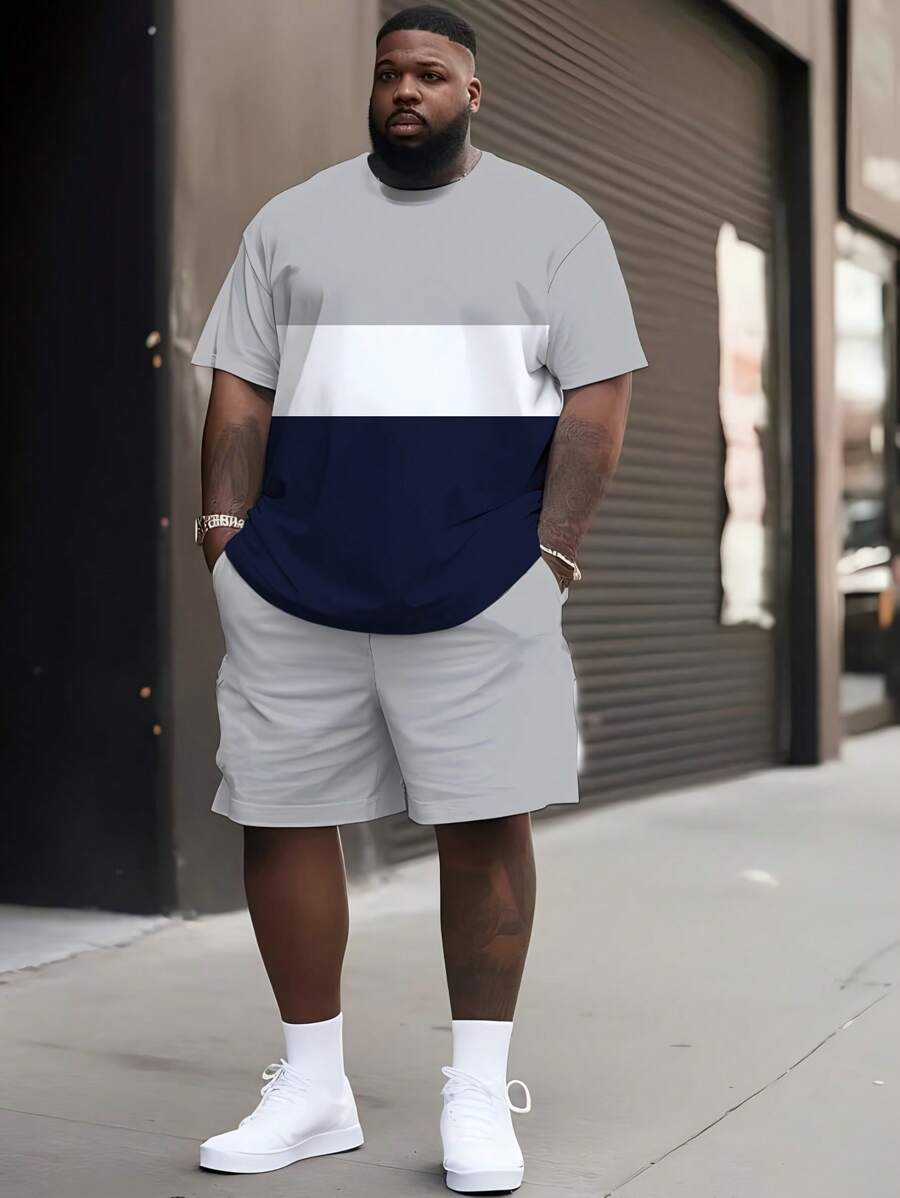 Sommerlich atmungsaktives Lässig T-Shirt Set, Hip Hop Stil schwarzes & weißes Rundhalsen T-Shirt mit Kordelzug Shorts, Polyesterstoff Klassisches Design, Herren leichte Lässig Outfit, Herren Große Größen Kurzarm Shorts Set