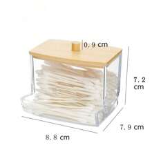 1 pieza Soporte de acrílico para hisopos con tapa de bambú, dispensador pequeño transparente de bastoncillos, contenedor de plástico para palillos de oído, organizador de almacenamiento decorativo para el tocador del baño