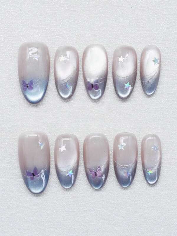 10 Stücke eisblau-farbverlaufende Stern & Schmetterling Aquarell Pinselstrich Cat-Eye Nail Art Aufkleber, zart & elegant