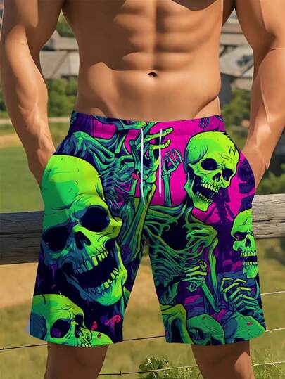 3D 数码印花彩色骷髅图案男士大码沙滩短裤，夏季休闲度假风格男士大码下装，柔软透气男士短裤