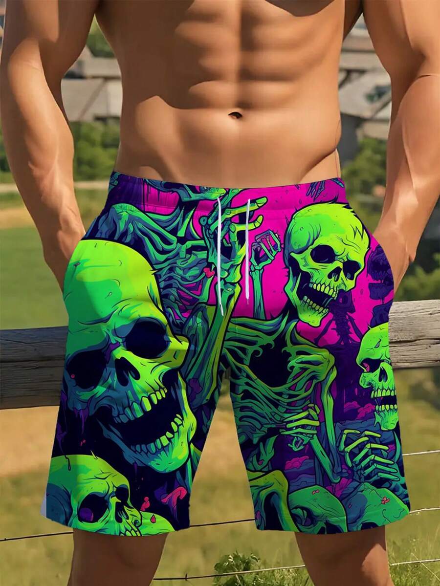 3D 数码印花彩色骷髅图案男士大码沙滩短裤，夏季休闲度假风格男士大码下装，柔软透气男士短裤 - 紅色 - 查看 1