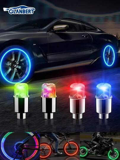 GLANBERT 4pcs/Pack New Car Valve LED Tire Light  Double Sense Decoration Colorful Car Light Bicycle Motorcycle Electric Vehicle Tire Valve Cap Ambient Lights