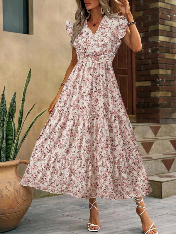 Women's Elegant V-Neck Floral Ruched Sleeve Fitted Pleated Waist A-Line Long Dress, Suitable For Vacation, Daily Occasions, Gatherings, Casual Outings, Travel