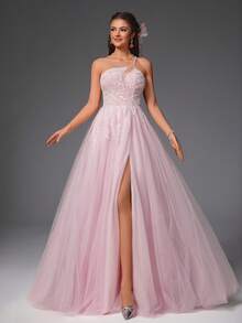 VIPGIRL Elegant Light Pink Asymmetrical Neck Beaded Tulle Prom Dress For Women, A-Line Evening Gown With High Slit, Dreamy Formal Ball Gown, Mesh Graduation Party Dress,Women's Formal Wear,Formal Long Dress, For Wedding Guest - 淡紫色 - 查看 7