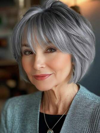Chic Layered Grey Bob Wigs For Women Straight Grey Salt & Pepper Bob Wig With Bangs Black Mixed Gray Wigs Natural Looking Synthetic Hair For Daily Use