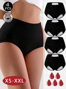4 peças/pacote Calcinha Fisiológica de Cintura Alta para Mulheres, Calcinha Higiênica Preta com Entreperna Extra Longa para Período Menstrual, Cor Sólida, Elástica Tamanhos Grandes XS-XXL