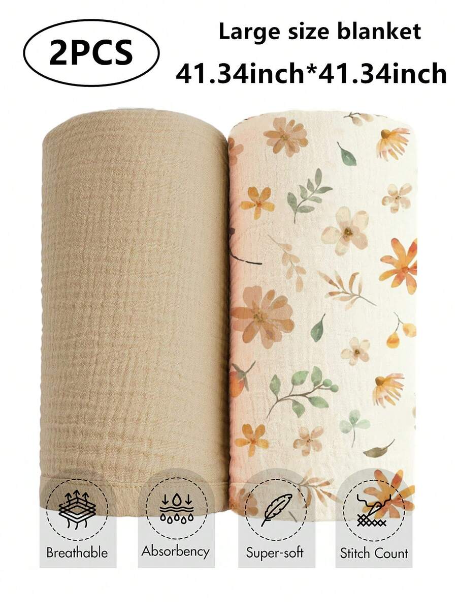 2pcs Soft Cotton Gauze Swaddle Blankets, Breathable Lightweight Suitable For Newborn & Infant Baby Boys Girls Cartoon Pattern - Multicolor - View 1
