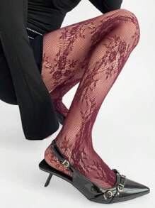 1 par de pantimedias retro francesas de alta gama con encaje de rosa, mallas de gran elasticidad, calcetines ajustadores de jacquard calados