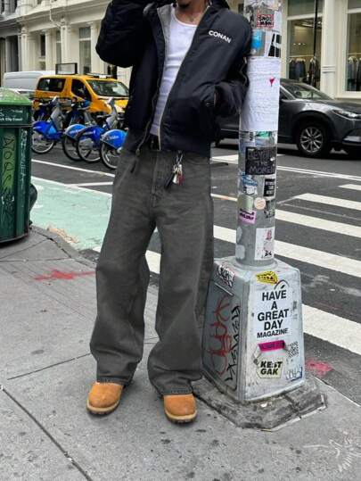 Men's Light Blue Washed Denim Jeans, New Vintage Street Style Loose Fit Straight Leg Pants