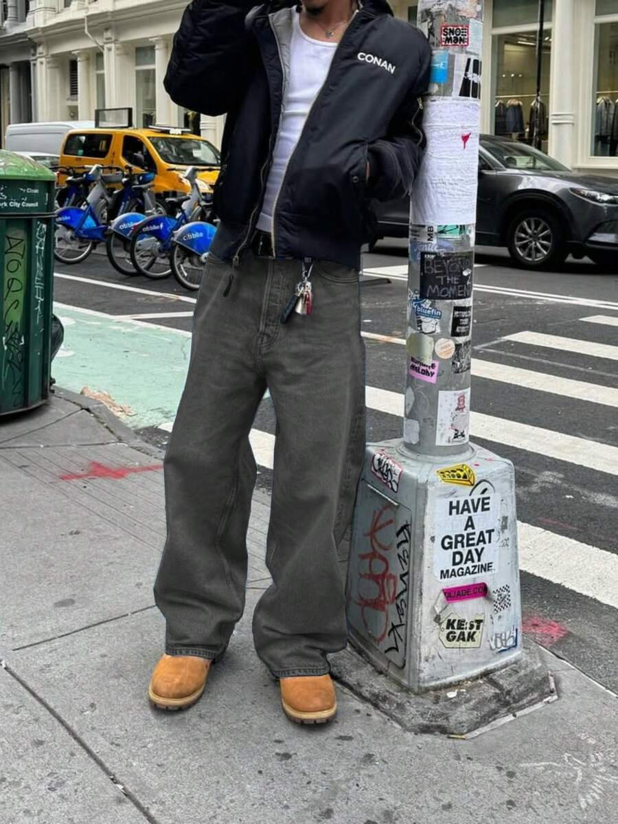 男士浅蓝色水洗牛仔裤，新款复古街头风格宽松直筒裤