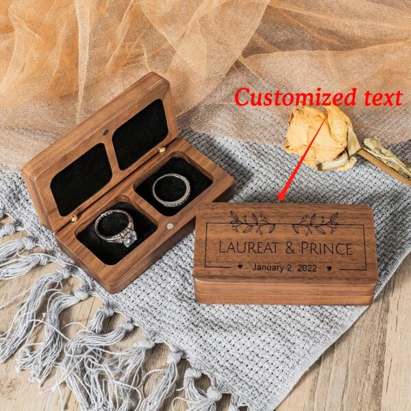 1 Stück personalisierte Verlobungs-/Hochzeitsringbox, geschnitzte Nussholz Vintage Stil Ringbox, personalisierte rustikale Ringbox, Ringaufbewahrungsbox