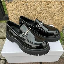 Fashion Chunky Loafer Shoes For Man Platform Height-Increasing Bright Patent Leather Business And Casual Men Shoes - 黑色 - 查看 2